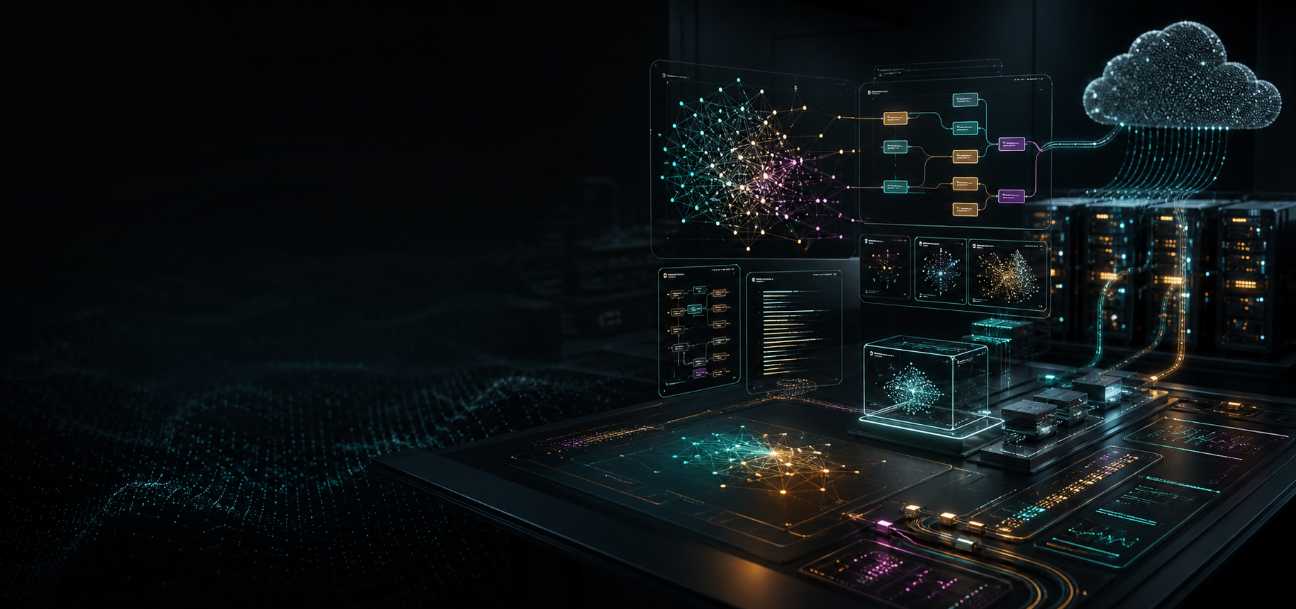 Dark technical AI workspace visualization